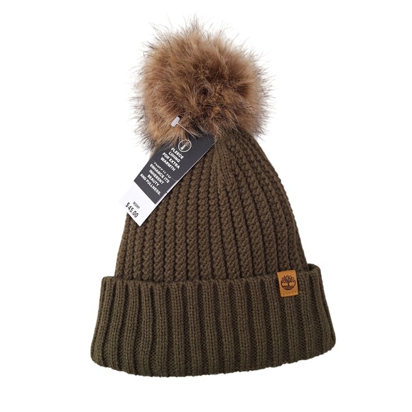 Timberland Womens Olive Green Knit Beanie Hat with Faux Fur Pom Winter OS - Picture 1 of 7